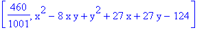 [460/1001, x^2-8*x*y+y^2+27*x+27*y-124]